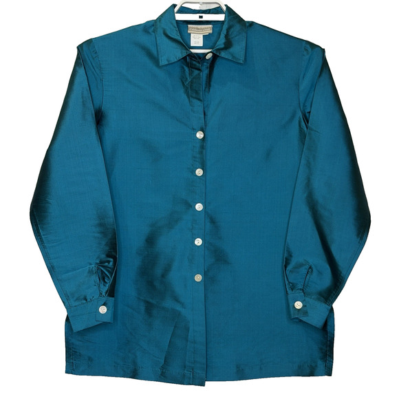 Coldwater Creek Tops - Coldwater Creek Button Front Top Womens Sz Medium Green 100% Silk Long‎ Sleeve